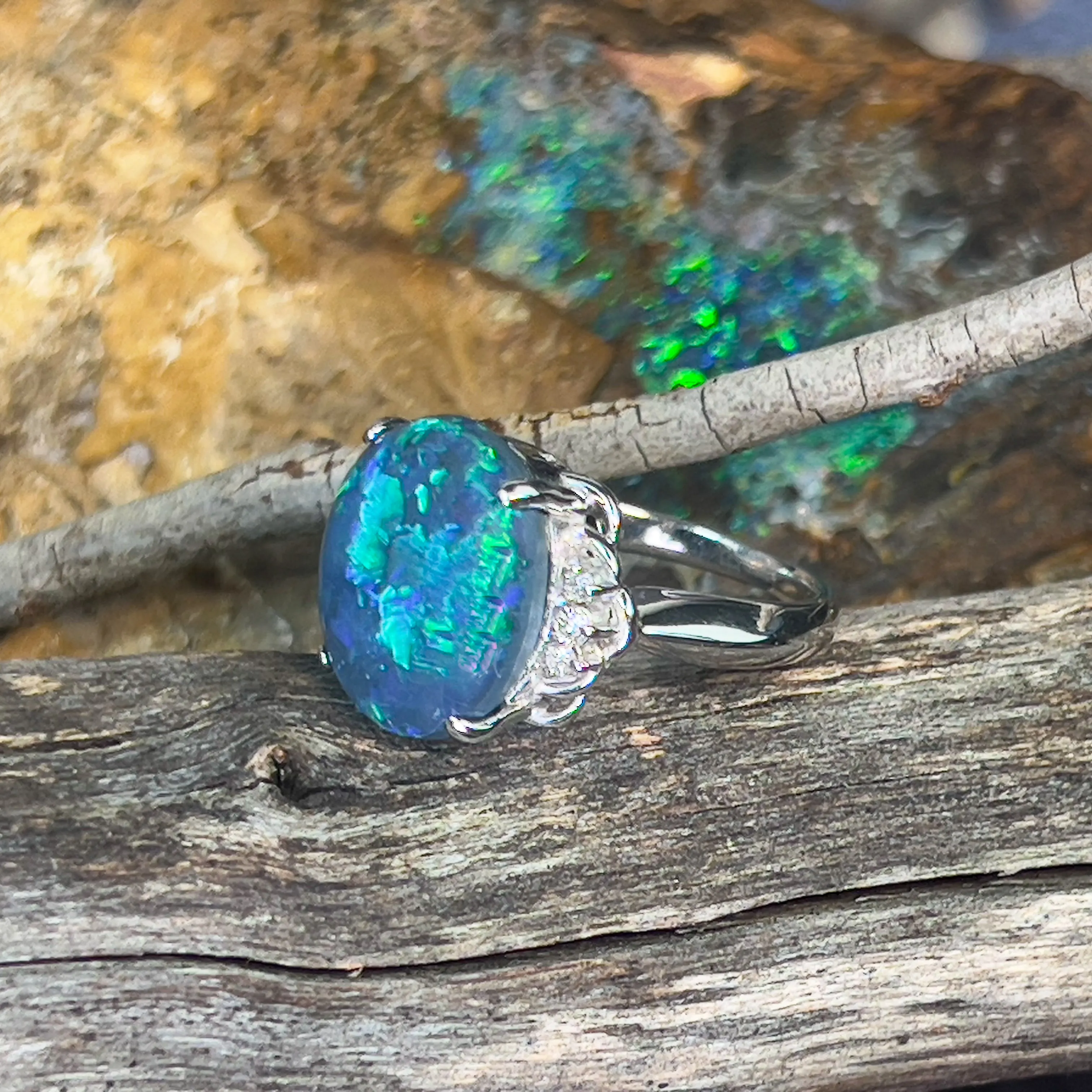 18kt White Gold Black Opal 7.42ct and diamond ring