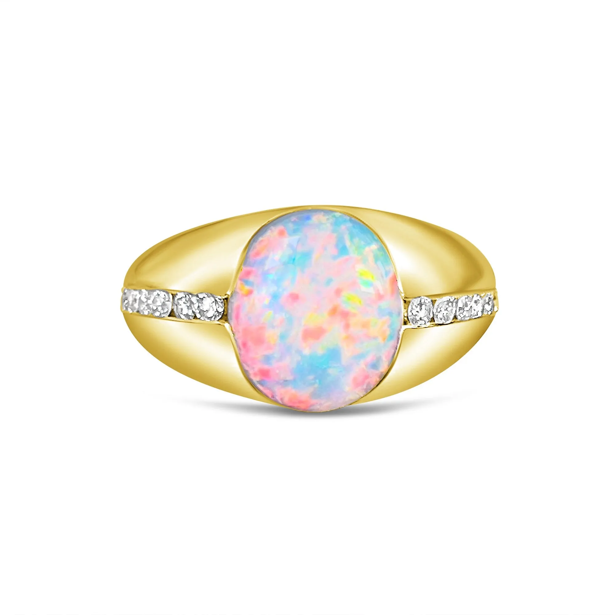 18kt Yellow Gold Black Opal 3.06ct signet style rub ring with diamonds