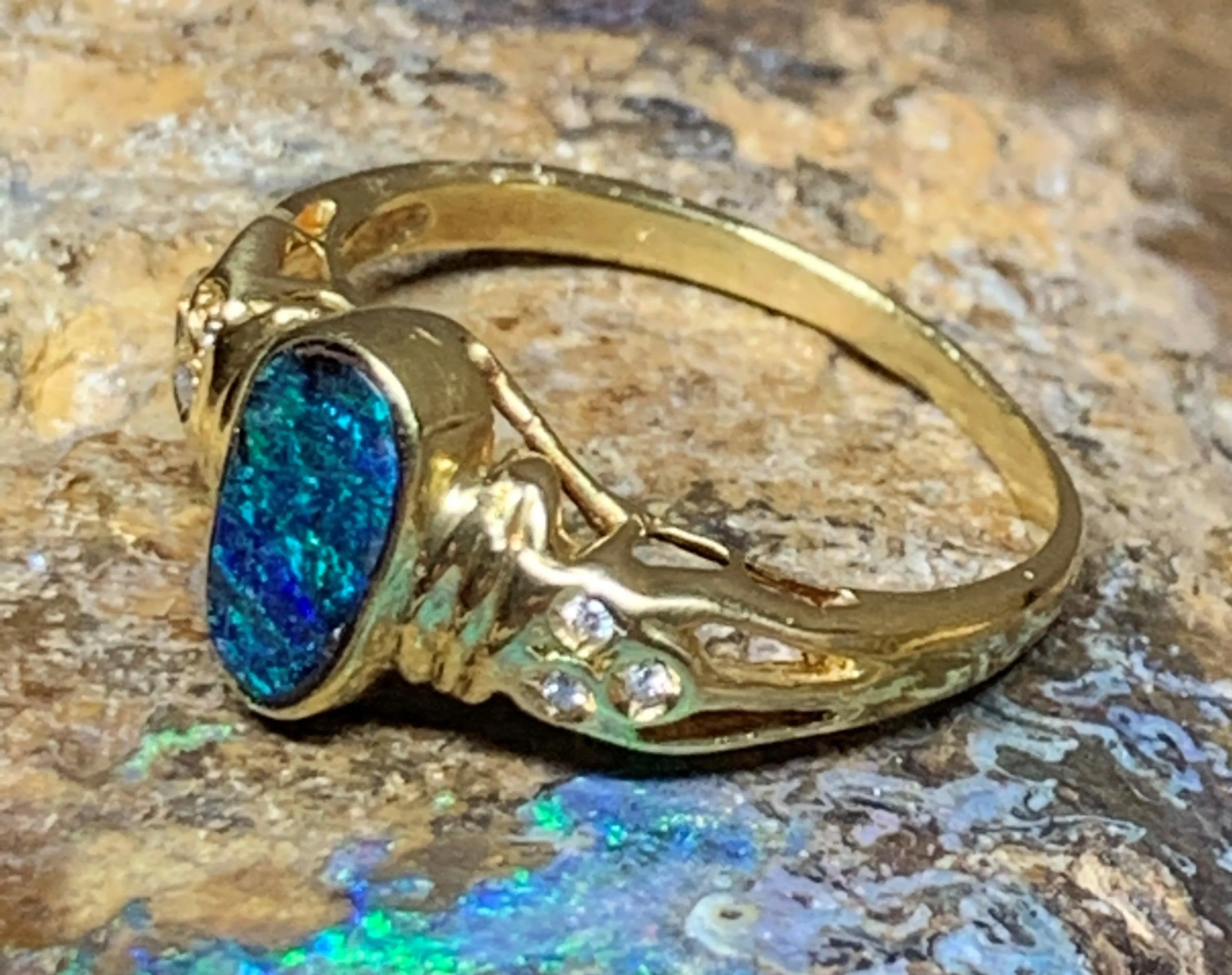 18kt Yellow Gold Boulder Opal and Diamond ring