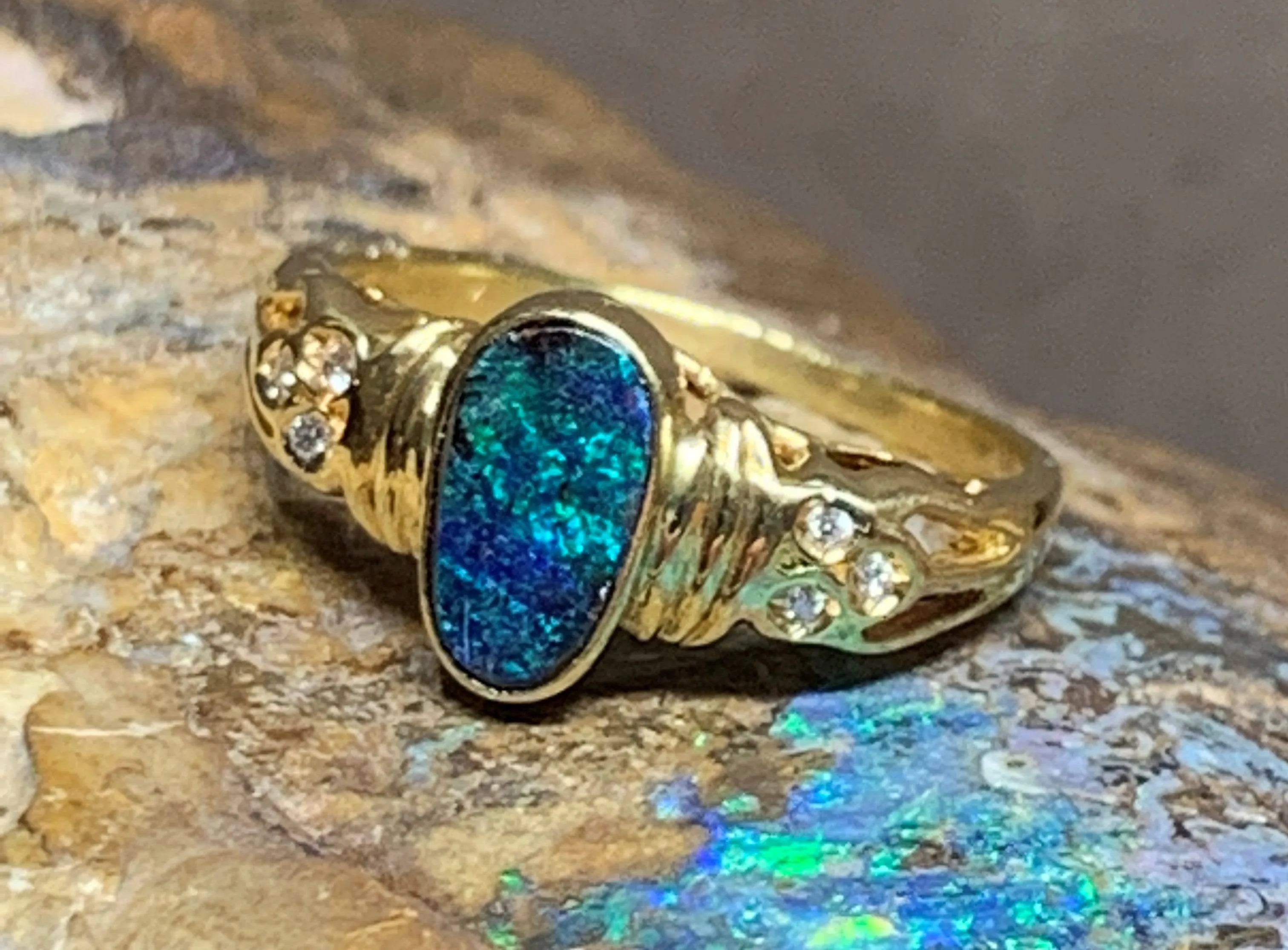 18kt Yellow Gold Boulder Opal and Diamond ring