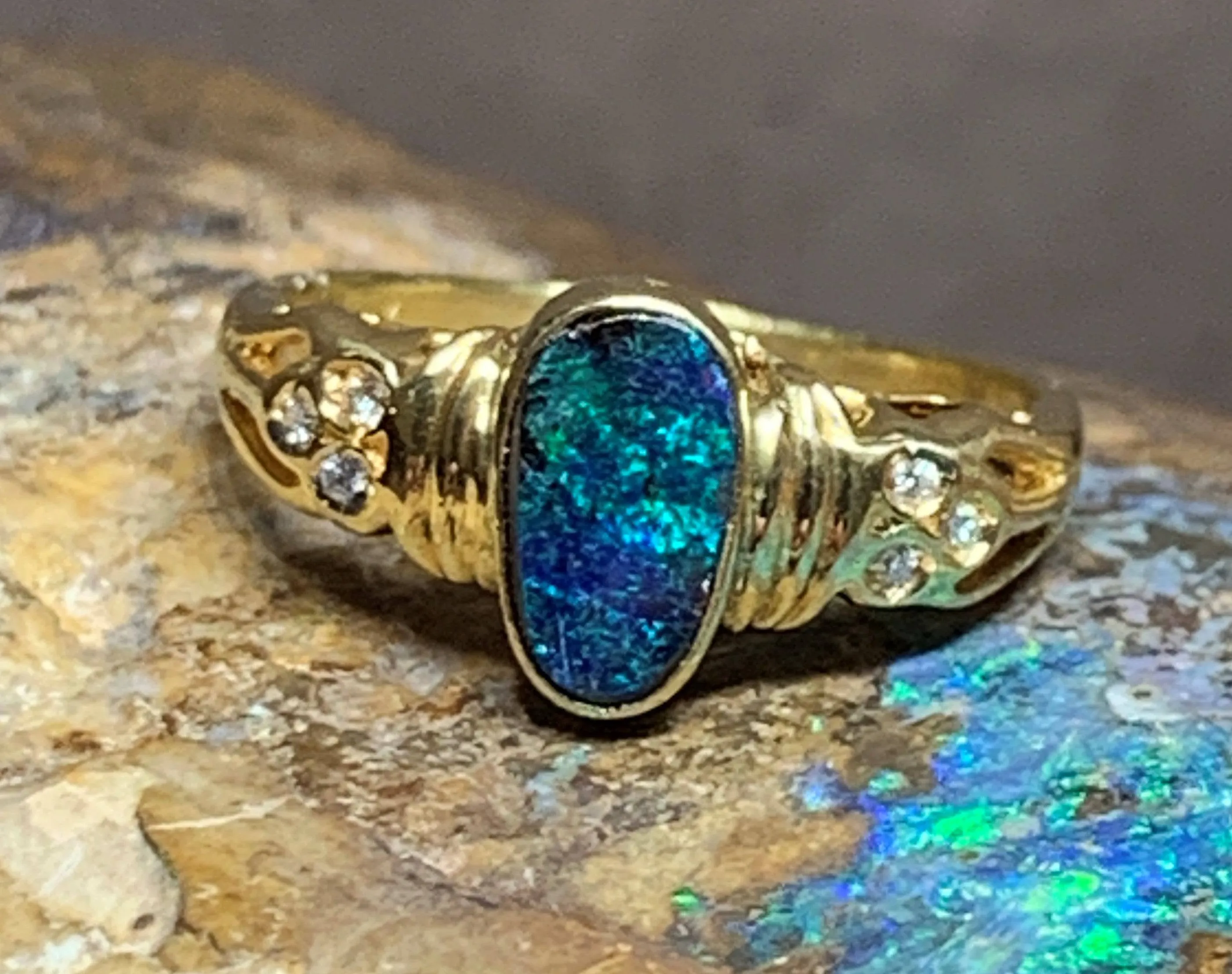 18kt Yellow Gold Boulder Opal and Diamond ring