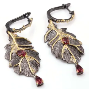 18KY Gold Plated Garnet Earrings Red Garnet Earrings Gemstone Earrings Dangle Earrings Gold Plated Leaf Gemstone Earrings SKU 6142046