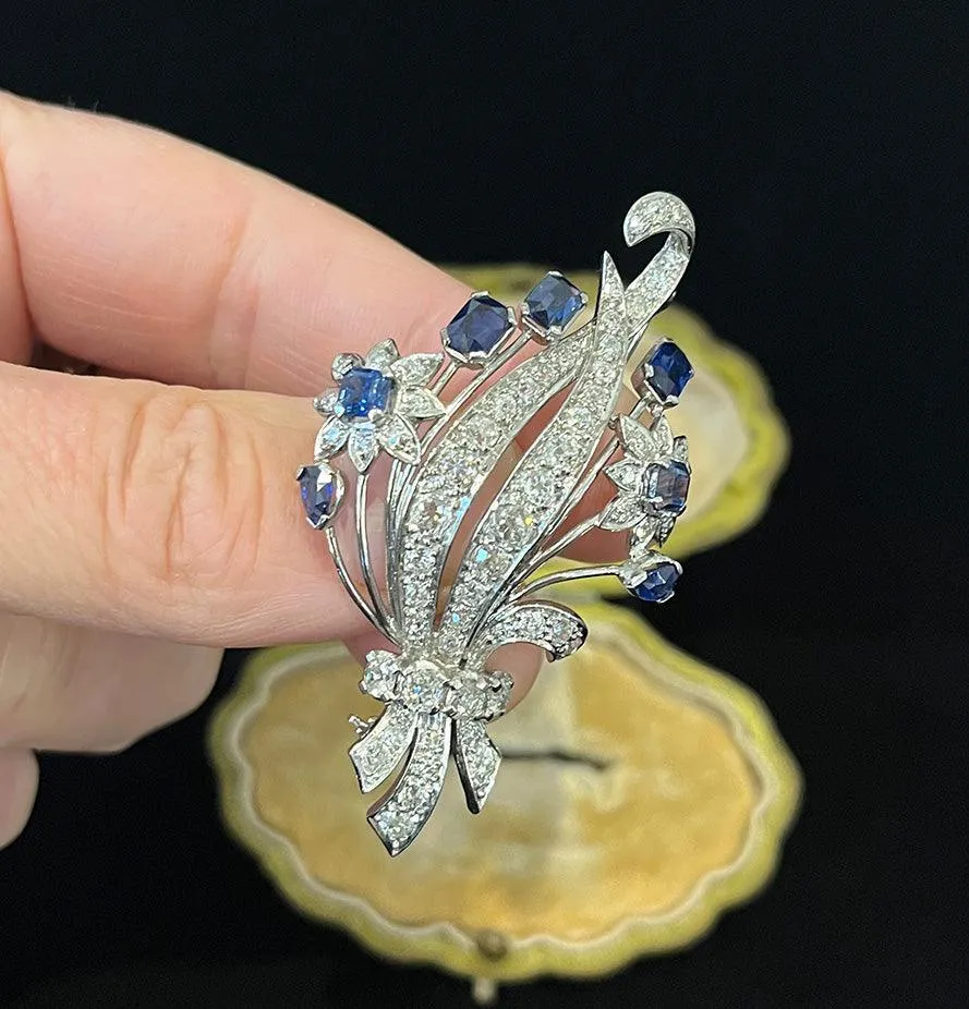 1950s Sapphire Diamond Floral Brooch