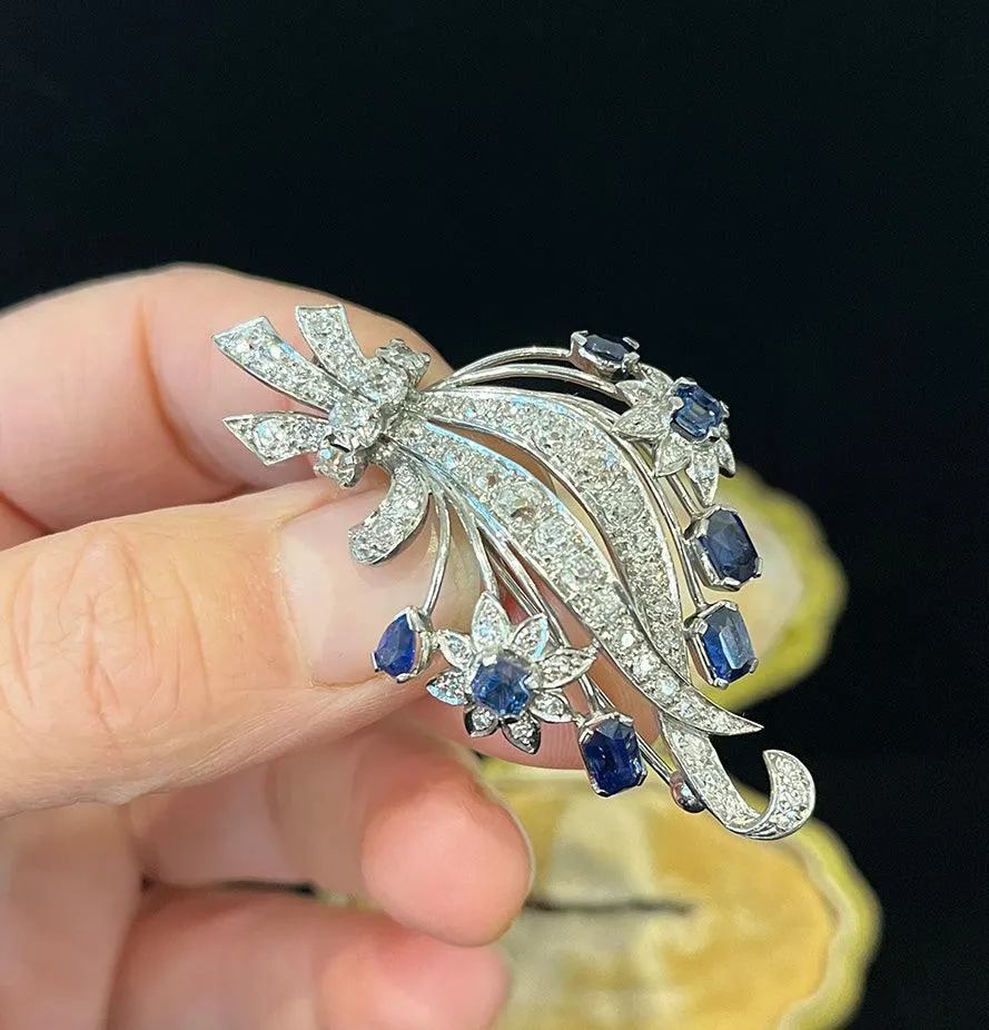 1950s Sapphire Diamond Floral Brooch