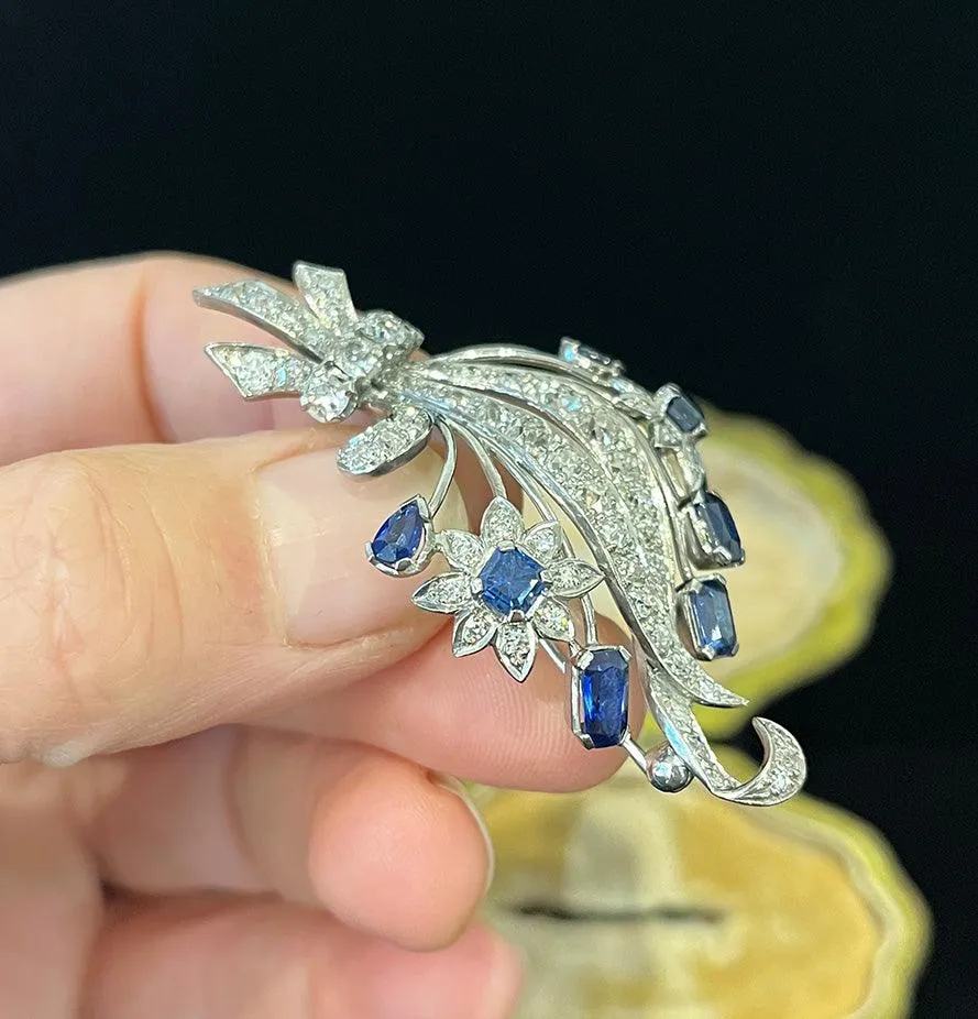 1950s Sapphire Diamond Floral Brooch