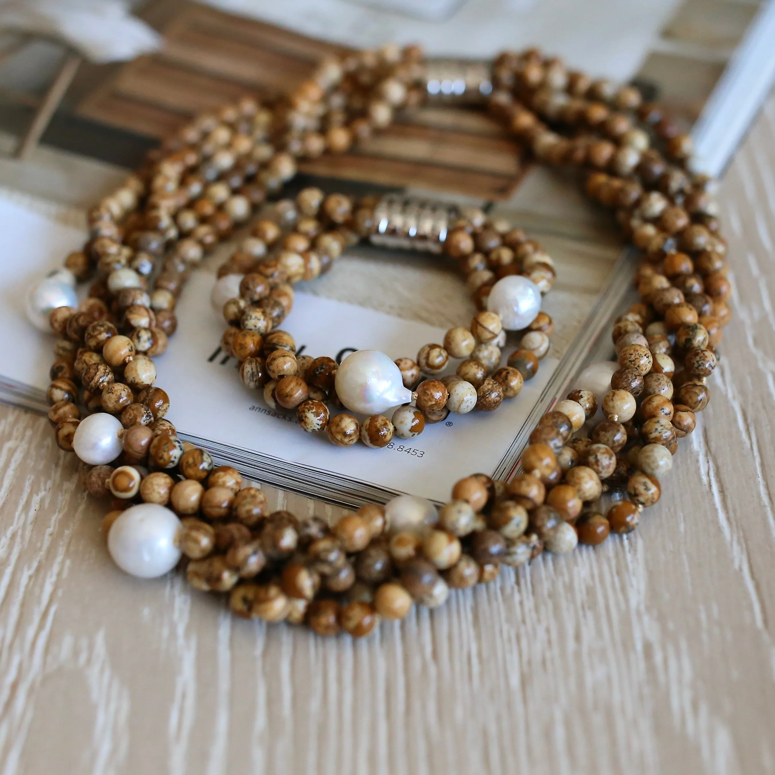 215-04 | 3-STRAND BROWN JASPER STONE & PEARL BRACELET