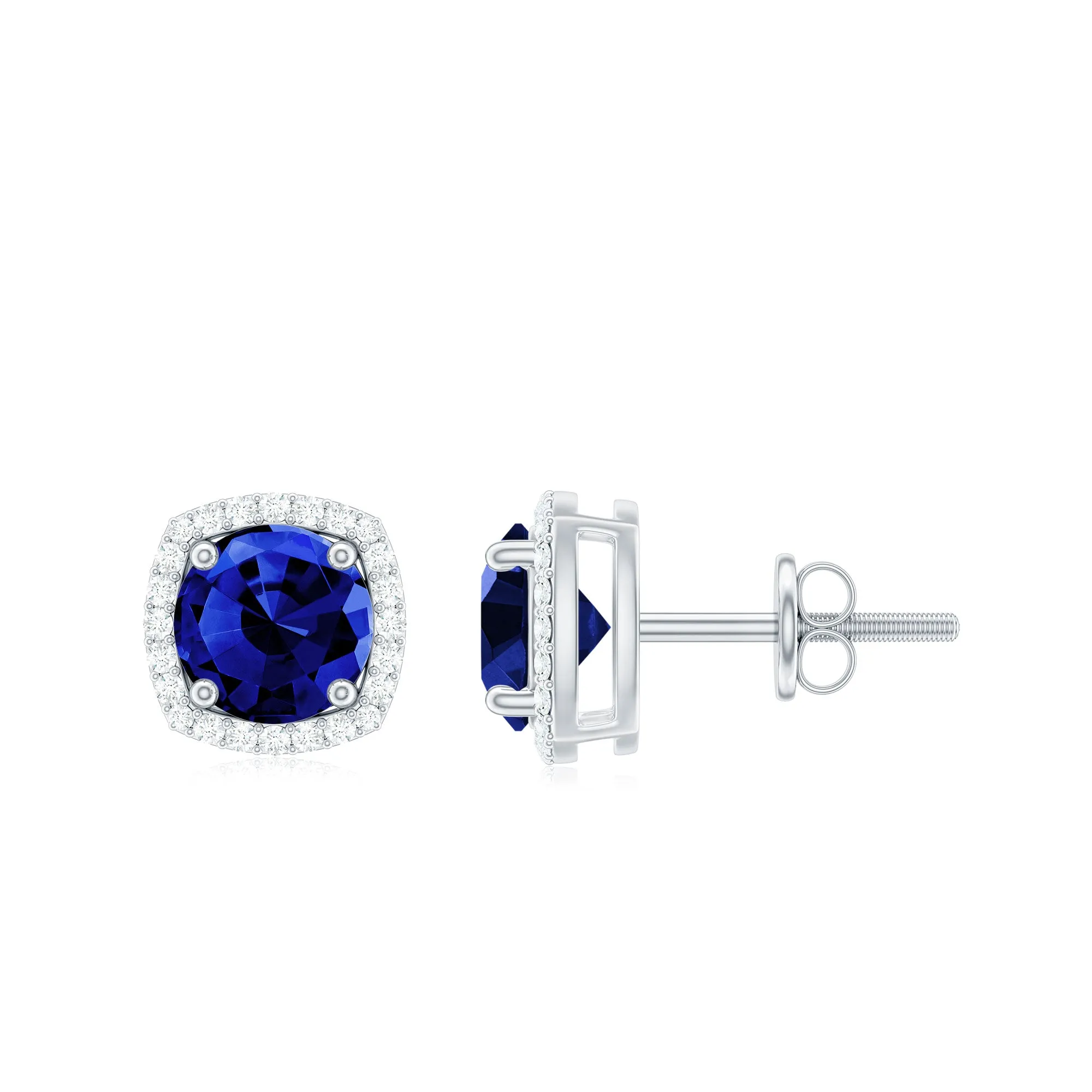 2.25 CT Created Blue Sapphire and Diamond Halo Stud Earrings