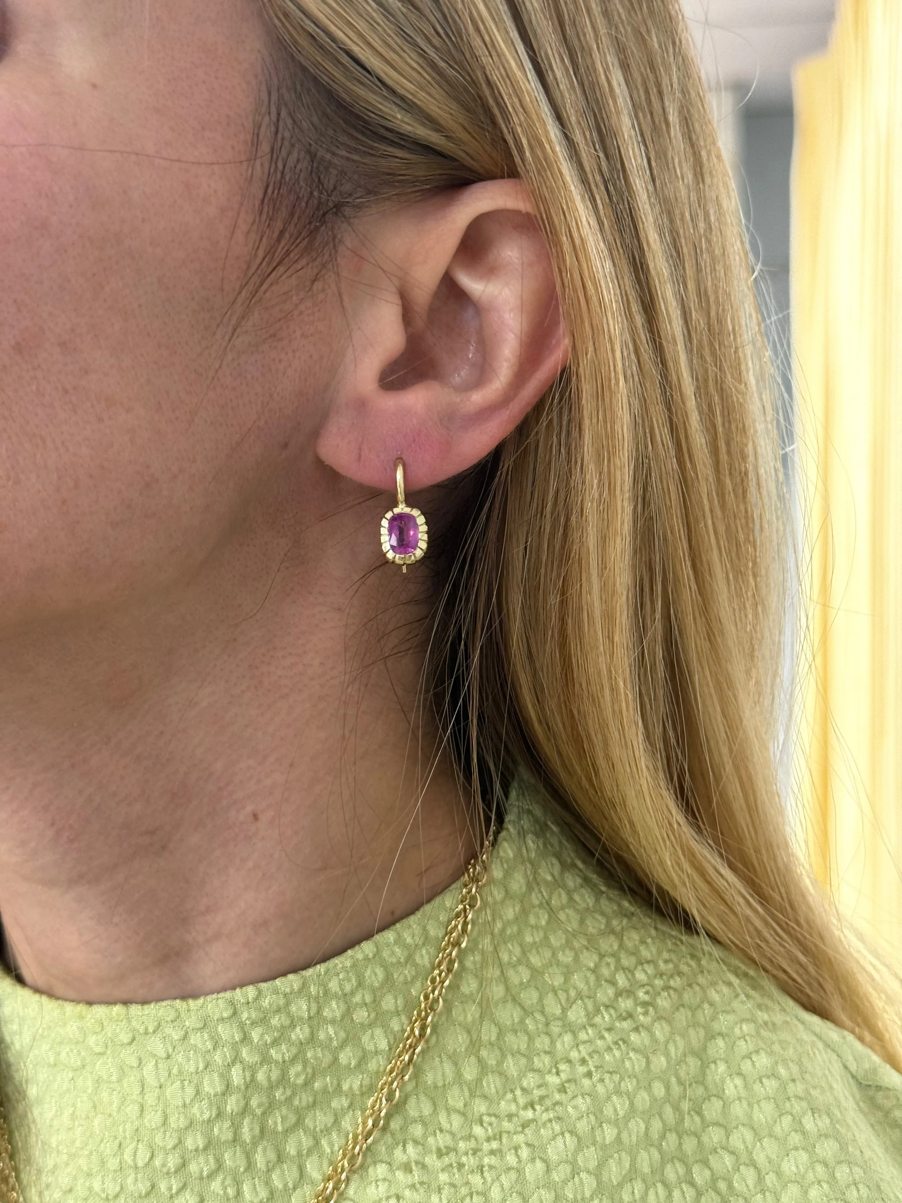 2.3ct Cushion Pink Sapphire Heirloom Bezel Earrings