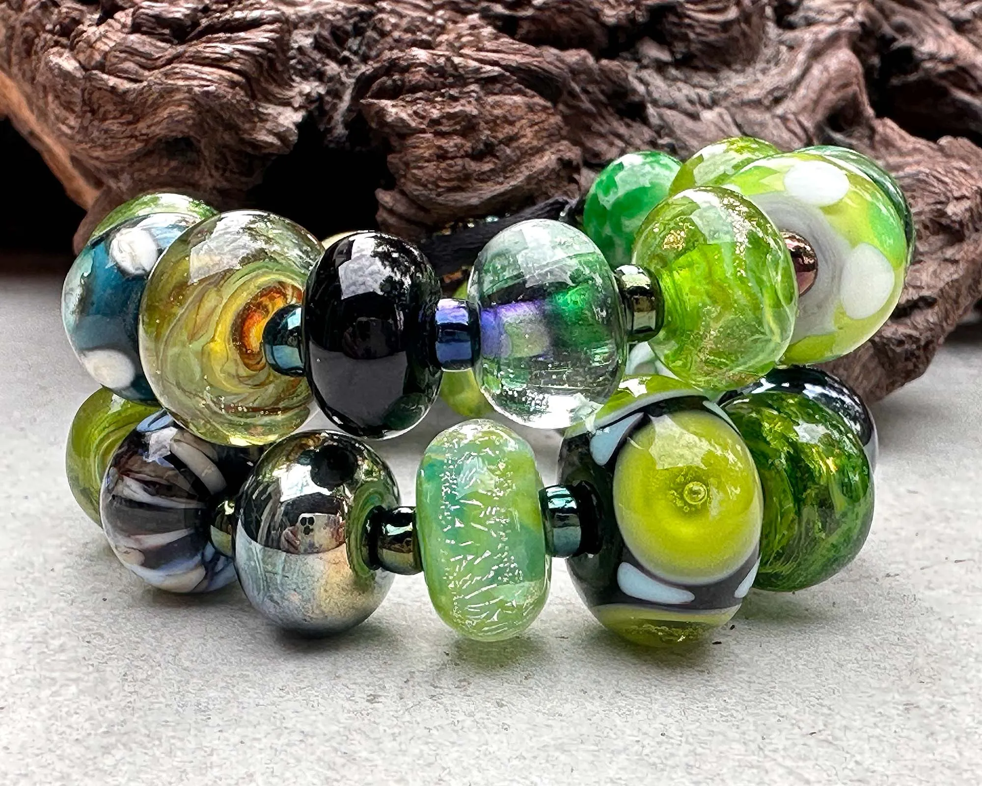 24 Handmade Green Orphan Mixed Lampwork Beads SRA