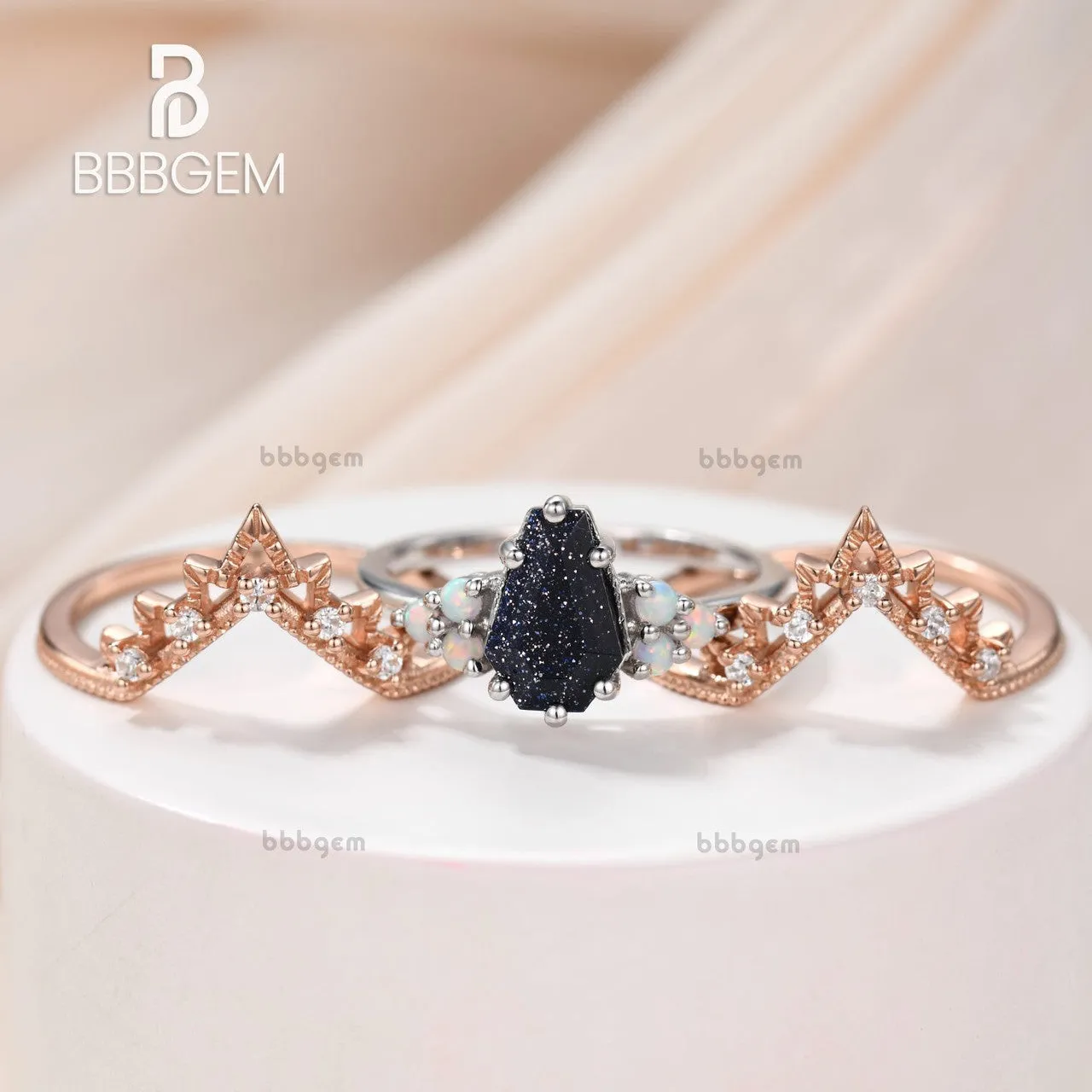 3 Pcs Gothic Galaxy Blue Sandstone Opal Diamond Coffin Cut Engagement Ring Set Two-Tone Statement Ring