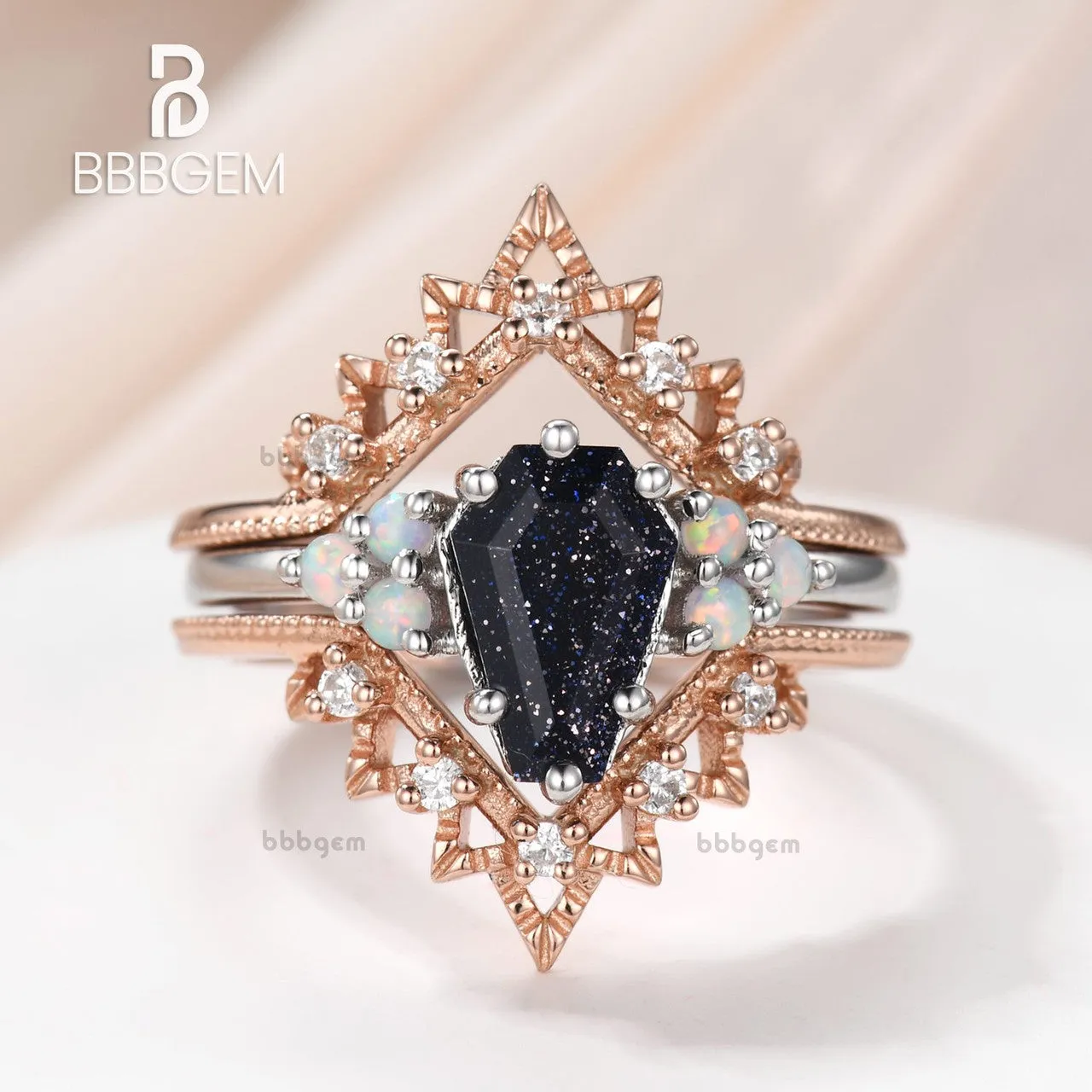 3 Pcs Gothic Galaxy Blue Sandstone Opal Diamond Coffin Cut Engagement Ring Set Two-Tone Statement Ring