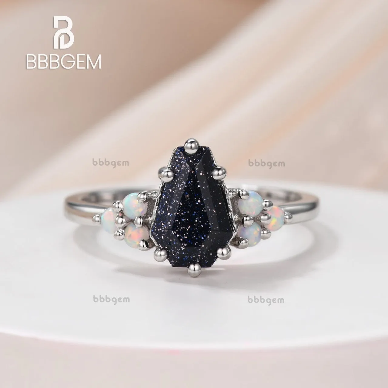 3 Pcs Gothic Galaxy Blue Sandstone Opal Diamond Coffin Cut Engagement Ring Set Two-Tone Statement Ring