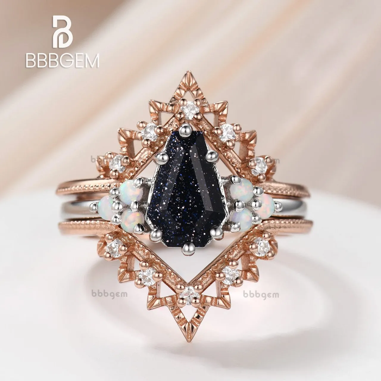 3 Pcs Gothic Galaxy Blue Sandstone Opal Diamond Coffin Cut Engagement Ring Set Two-Tone Statement Ring