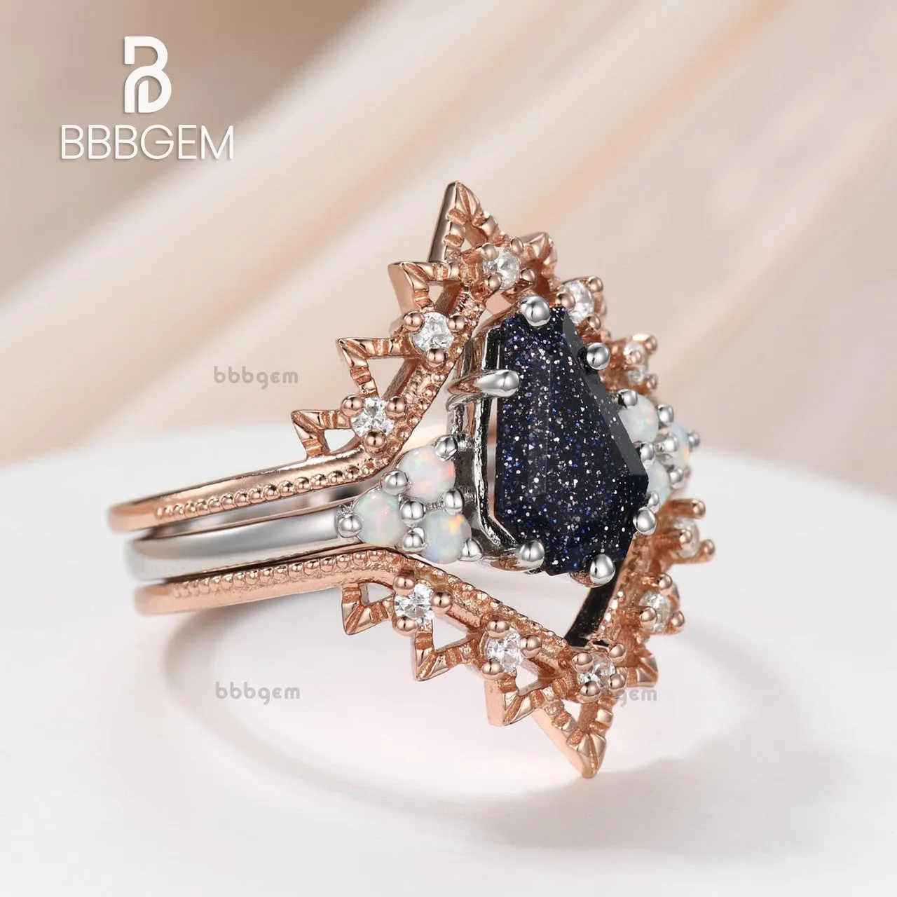 3 Pcs Gothic Galaxy Blue Sandstone Opal Diamond Coffin Cut Engagement Ring Set Two-Tone Statement Ring