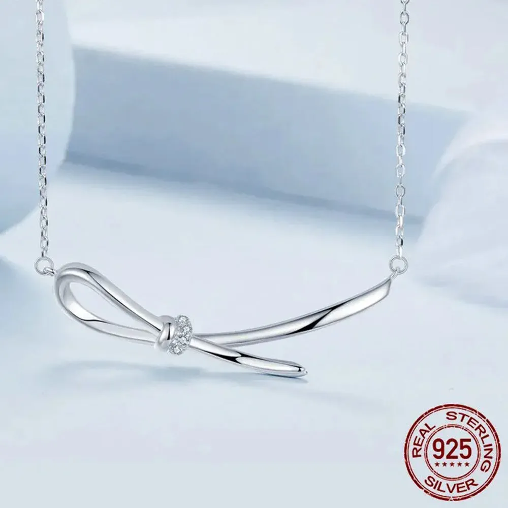 925 Sterling Silver Bowknot Necklace for Women, White Gold Plated Cubic Zirconia Pendant Necklace Trendy Jewelry Gift