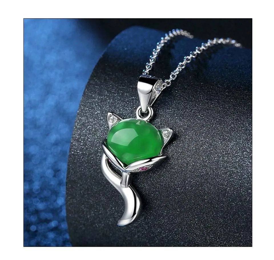 925 Sterling Silver Necklaces Charm Jewelry Natural Green Chalcedony Fox 201803304