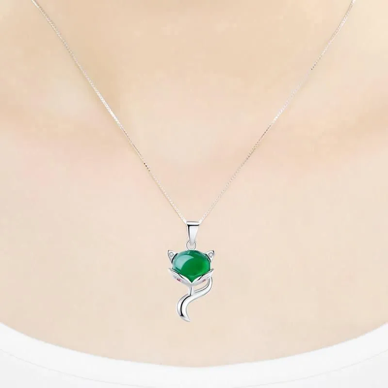 925 Sterling Silver Necklaces Charm Jewelry Natural Green Chalcedony Fox 201803304