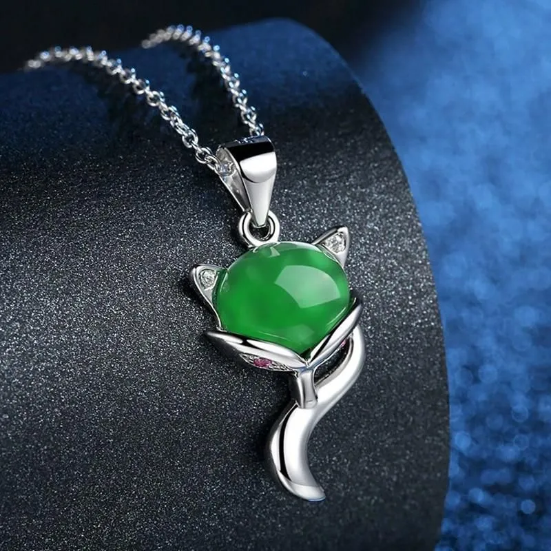 925 Sterling Silver Necklaces Charm Jewelry Natural Green Chalcedony Fox 201803304