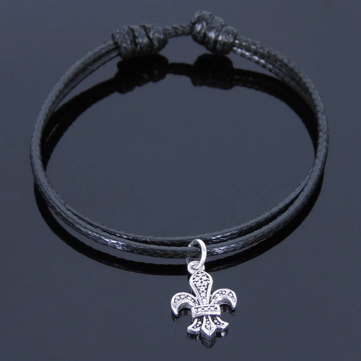 925 Sterling Silver Vintage Fleur de Lis Pendant Handmade Adjustable Wax Rope Bracelet Men Women DiyNotion BR523