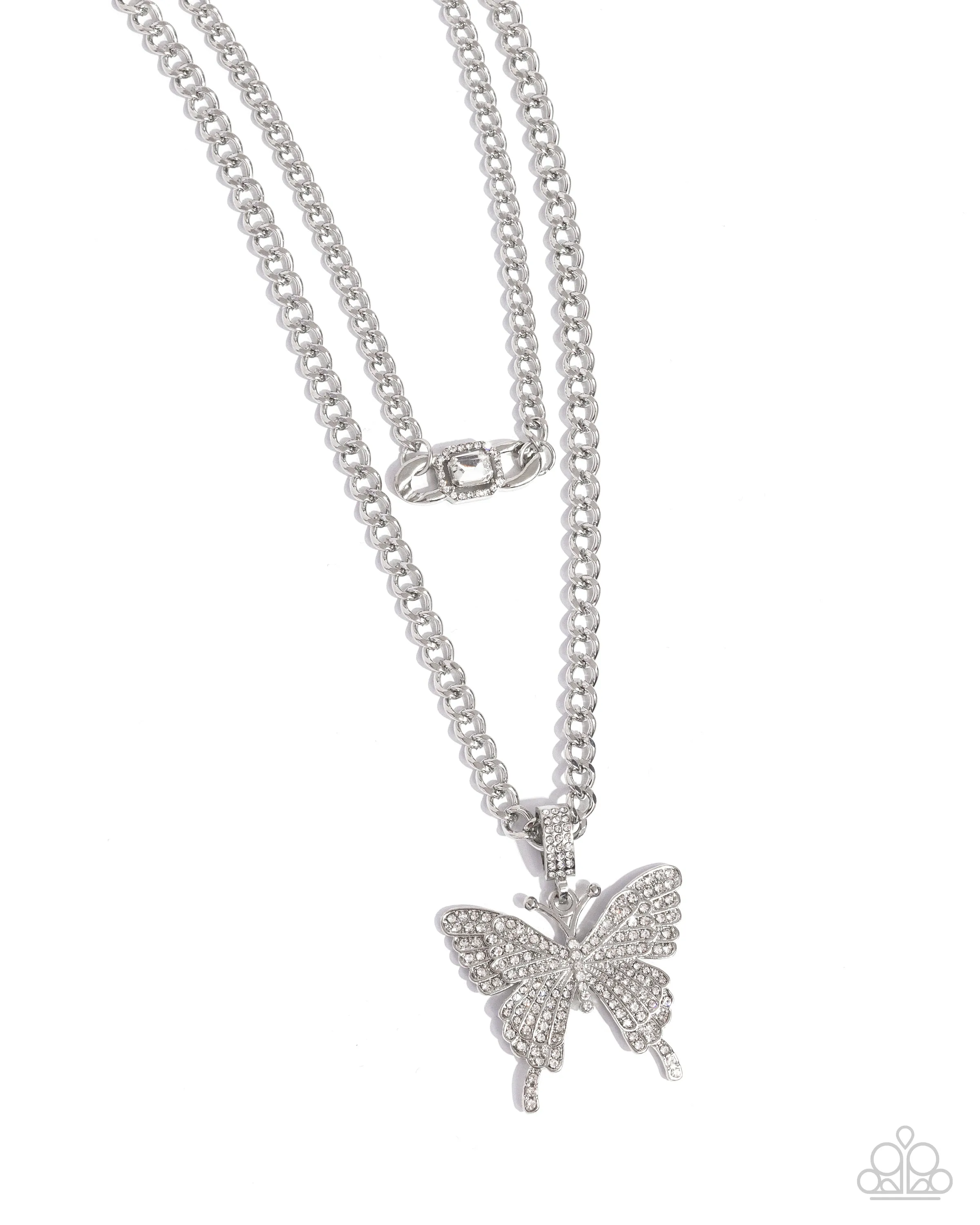 Aerial Arrangement - White - Rhinestone Encrusted Butterfly Curb Chain Tiered Paparazzi Short Necklace - October 2024 Possible Pop-Up Shop Exclusive