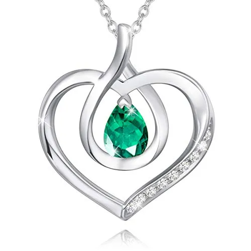 Agvana May Birthstone Heart Necklace for Women Sterling Silver Emerald Infinity Heart Pendant Necklace Fine Jewelry Anniversary Birthday Gifts for Women Girls Wife Mom Daughter Lady Her