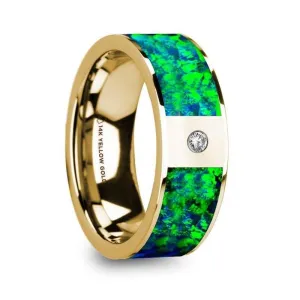 ALEXIS Flat Polished 14K Yellow Gold Ring with Emerald Green and Sapphire Blue Opal Inlay & Diamond Setting - 8mm