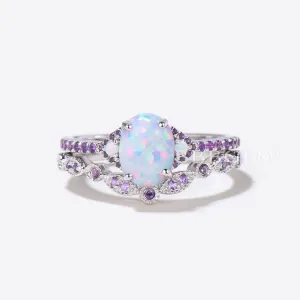 Amethyst Halo Accents Lab Opal Three Stone Engagement Ring Set