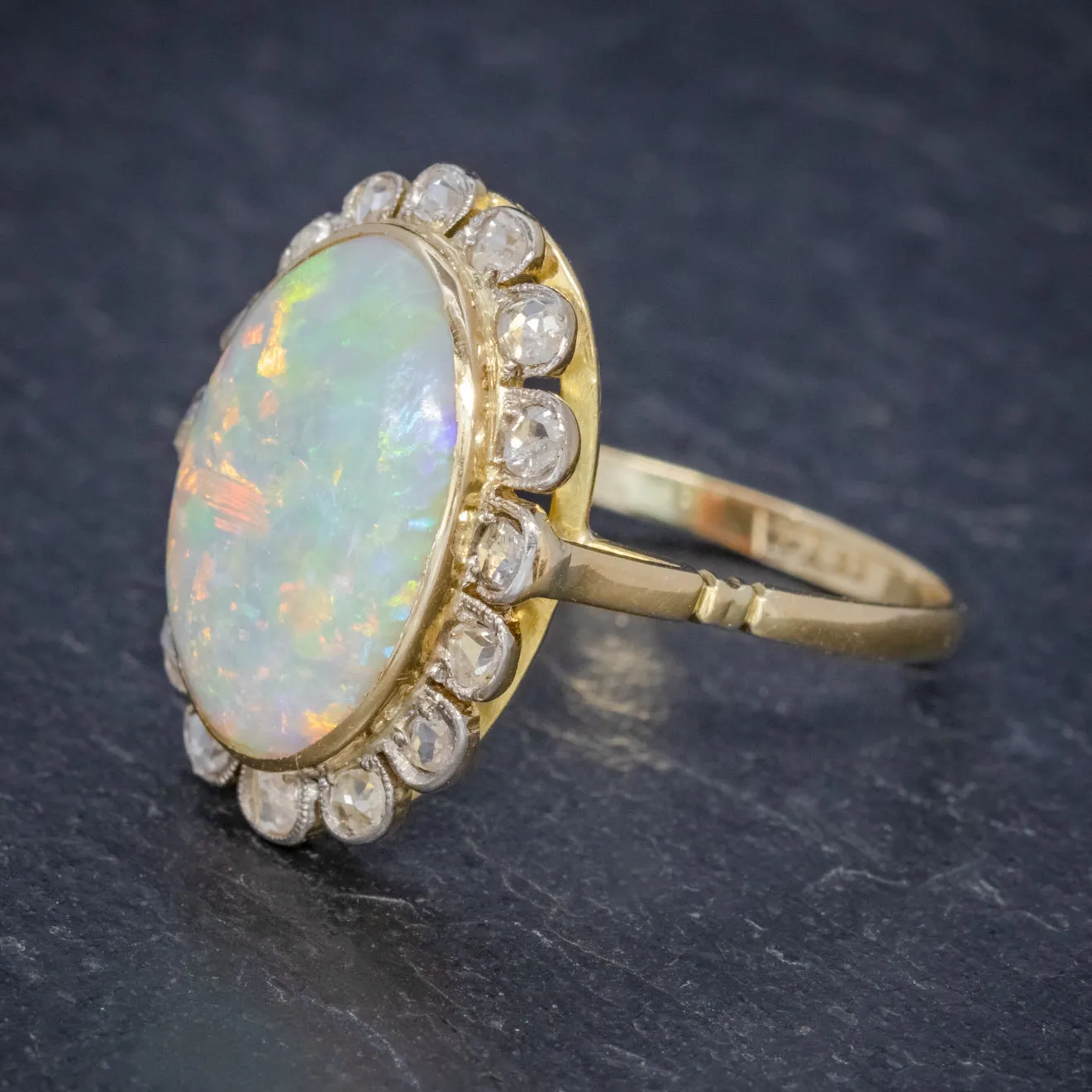 Antique Victorian 6Ct Natural Opal Diamond Cluster Ring 18Ct Gold Circa 1900