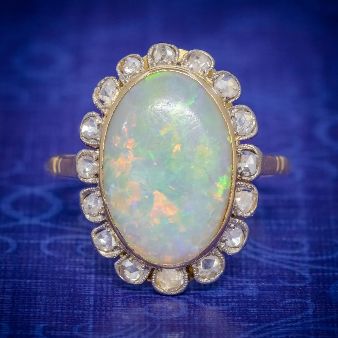 Antique Victorian 6Ct Natural Opal Diamond Cluster Ring 18Ct Gold Circa 1900