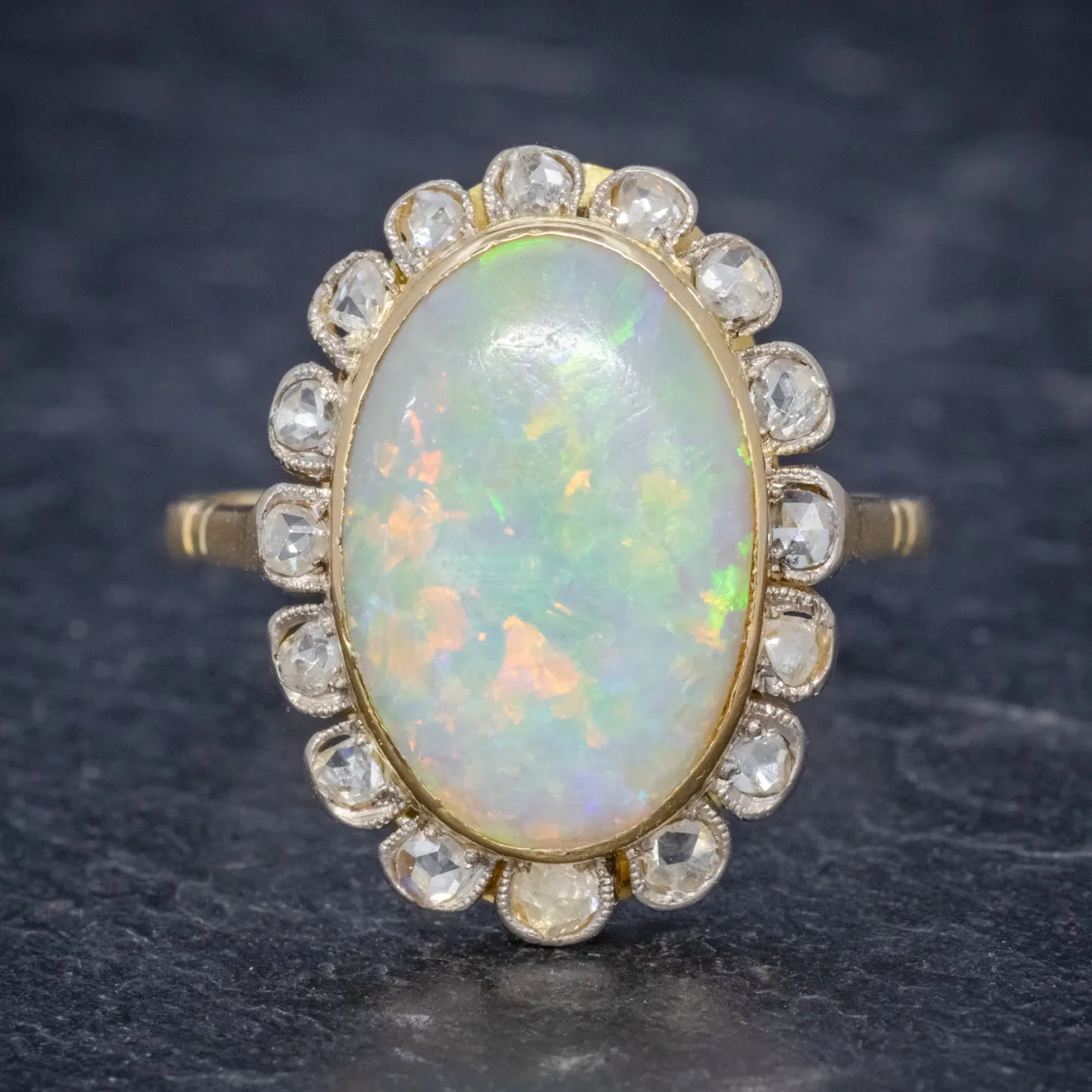 Antique Victorian 6Ct Natural Opal Diamond Cluster Ring 18Ct Gold Circa 1900