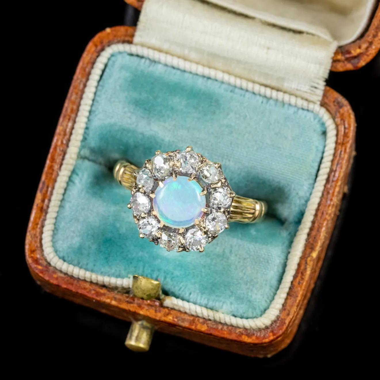 Antique Victorian Opal Diamond Cluster Ring 18Ct Gold Circa 1900