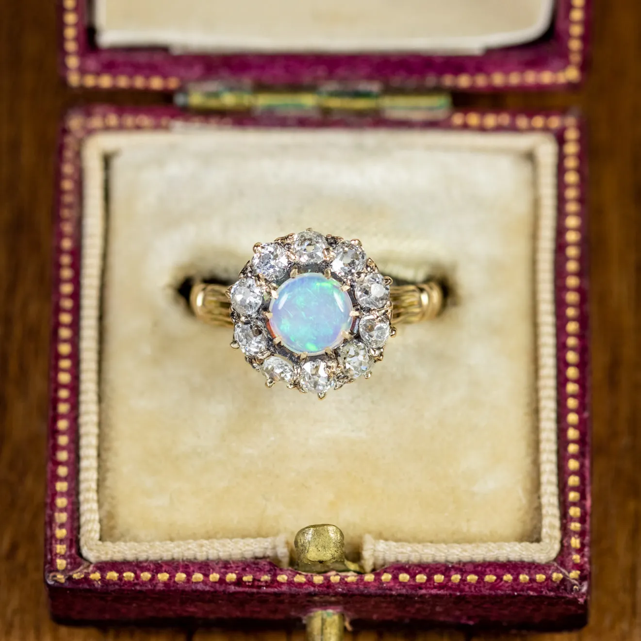 Antique Victorian Opal Diamond Cluster Ring 18Ct Gold Circa 1900