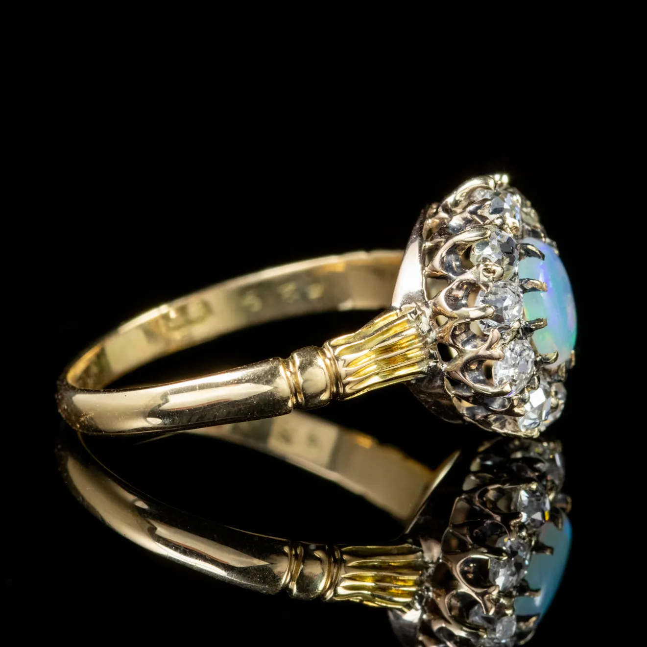 Antique Victorian Opal Diamond Cluster Ring 18Ct Gold Circa 1900