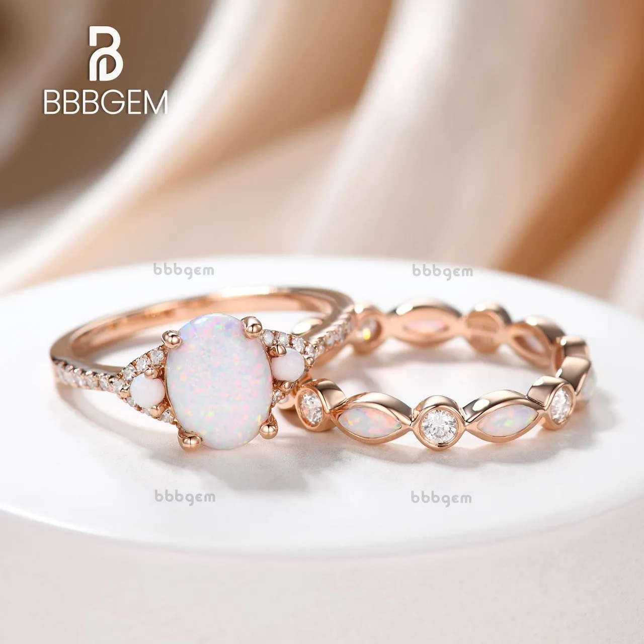 Art Deco Opal Engagement Ring Set,Vintage Dainty Opal And Diamond Bridal Set