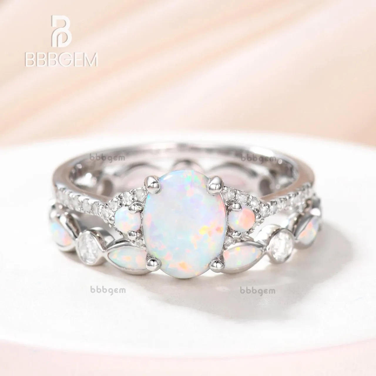 Art Deco Opal Engagement Ring Set,Vintage Dainty Opal And Diamond Bridal Set