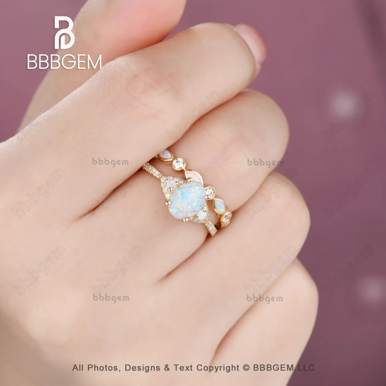 Art Deco Opal Engagement Ring Set,Vintage Dainty Opal And Diamond Bridal Set