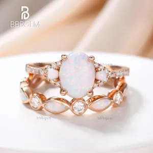 Art Deco Opal Engagement Ring Set,Vintage Dainty Opal And Diamond Bridal Set