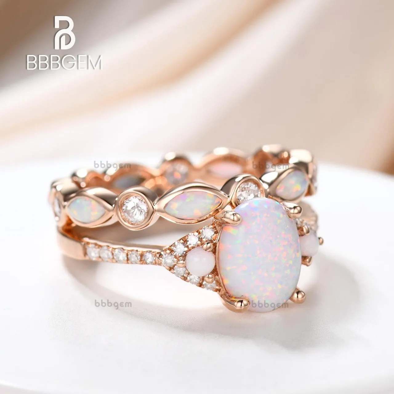 Art Deco Opal Engagement Ring Set,Vintage Dainty Opal And Diamond Bridal Set