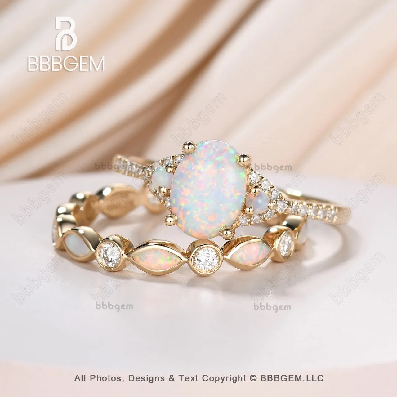 Art Deco Opal Engagement Ring Set,Vintage Dainty Opal And Diamond Bridal Set