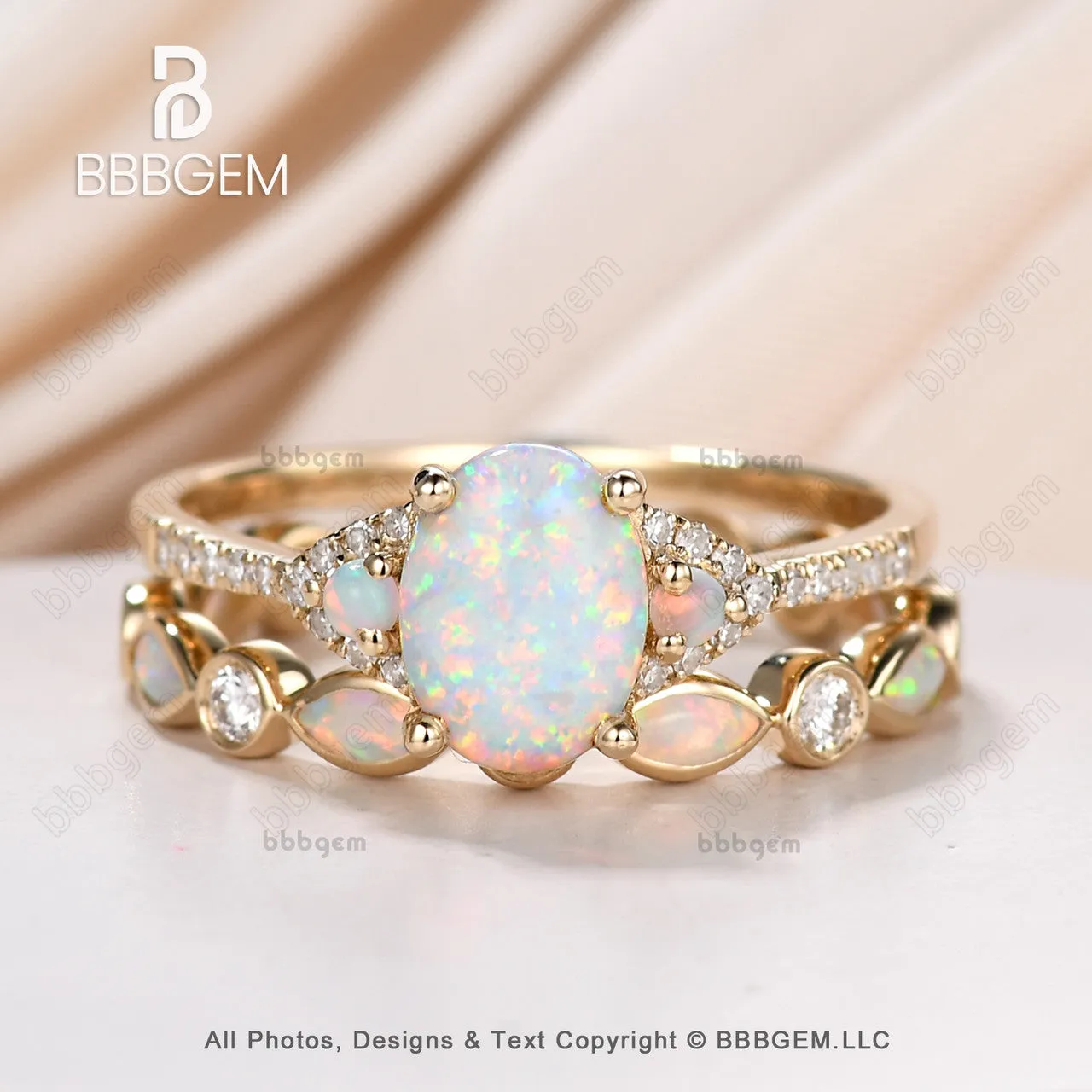 Art Deco Opal Engagement Ring Set,Vintage Dainty Opal And Diamond Bridal Set