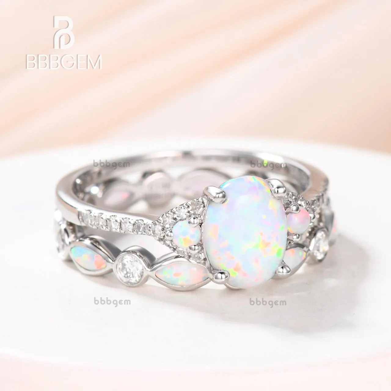 Art Deco Opal Engagement Ring Set,Vintage Dainty Opal And Diamond Bridal Set