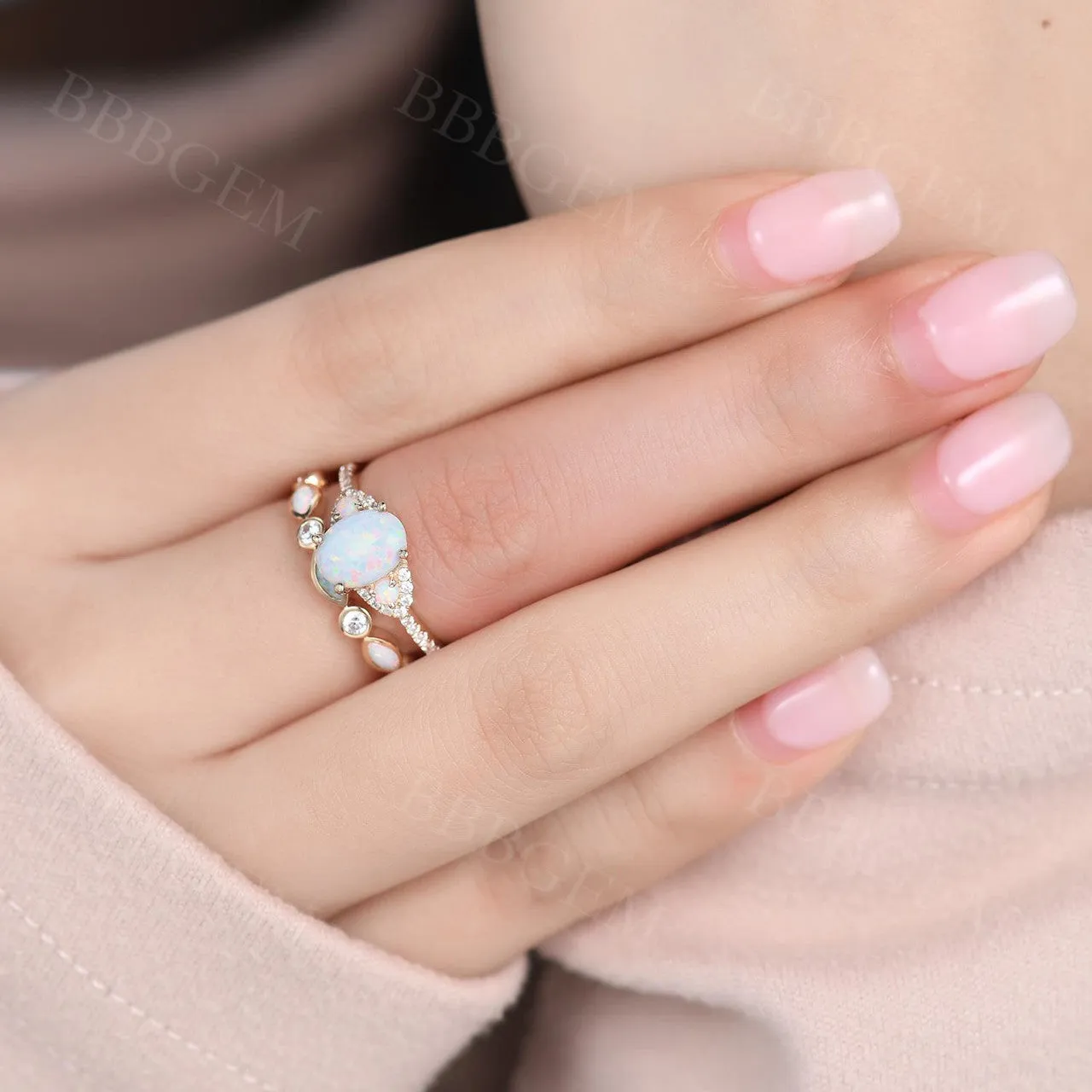 Art Deco Opal Engagement Ring Set,Vintage Dainty Opal And Diamond Bridal Set