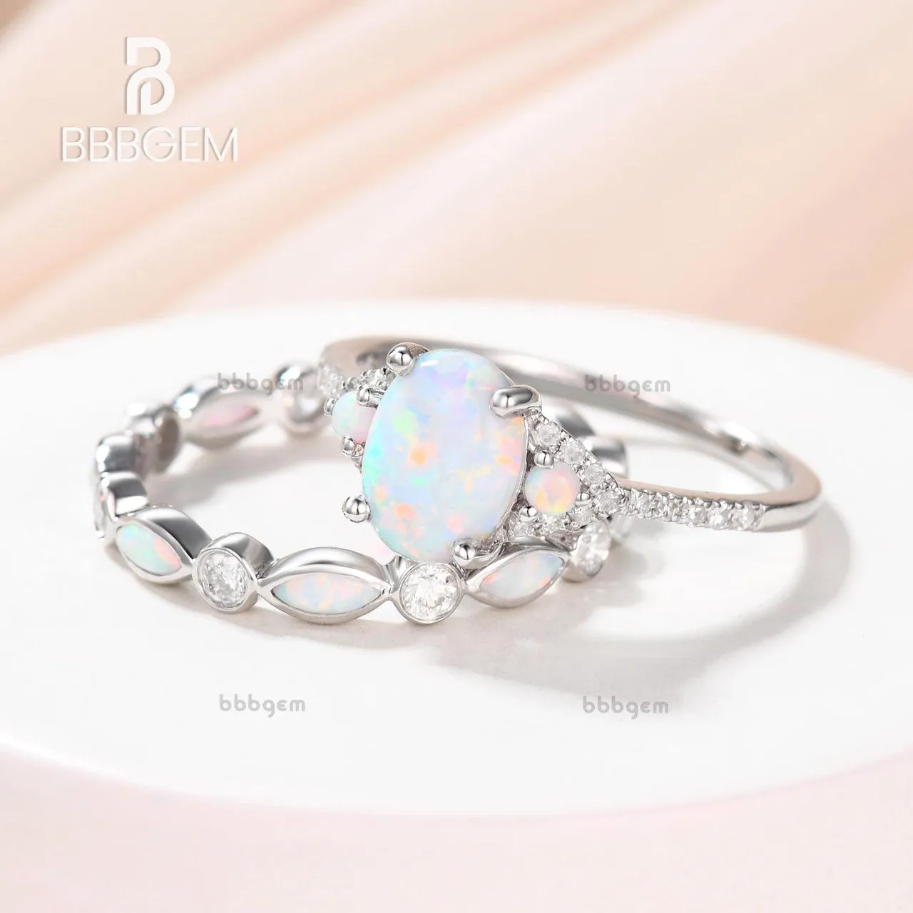 Art Deco Opal Engagement Ring Set,Vintage Dainty Opal And Diamond Bridal Set