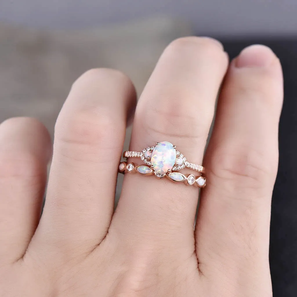 Art Deco Opal Engagement Ring Set,Vintage Dainty Opal And Diamond Bridal Set