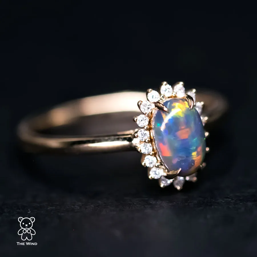 Australian Black Opal Diamond Halo Engagement Ring 18K Yellow Gold