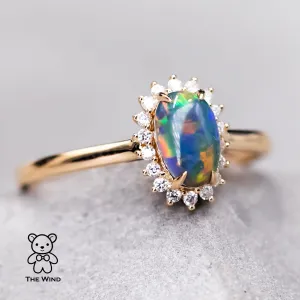 Australian Black Opal Diamond Halo Engagement Ring 18K Yellow Gold