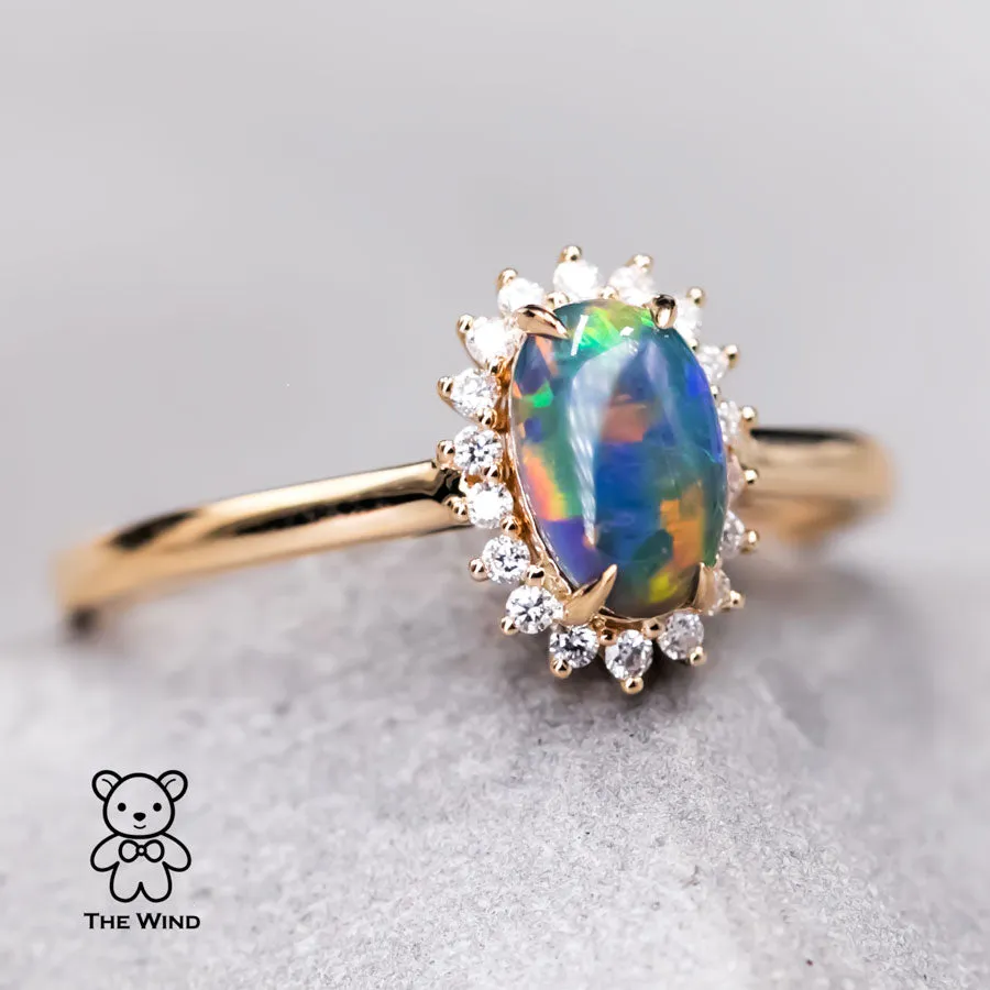 Australian Black Opal Diamond Halo Engagement Ring 18K Yellow Gold