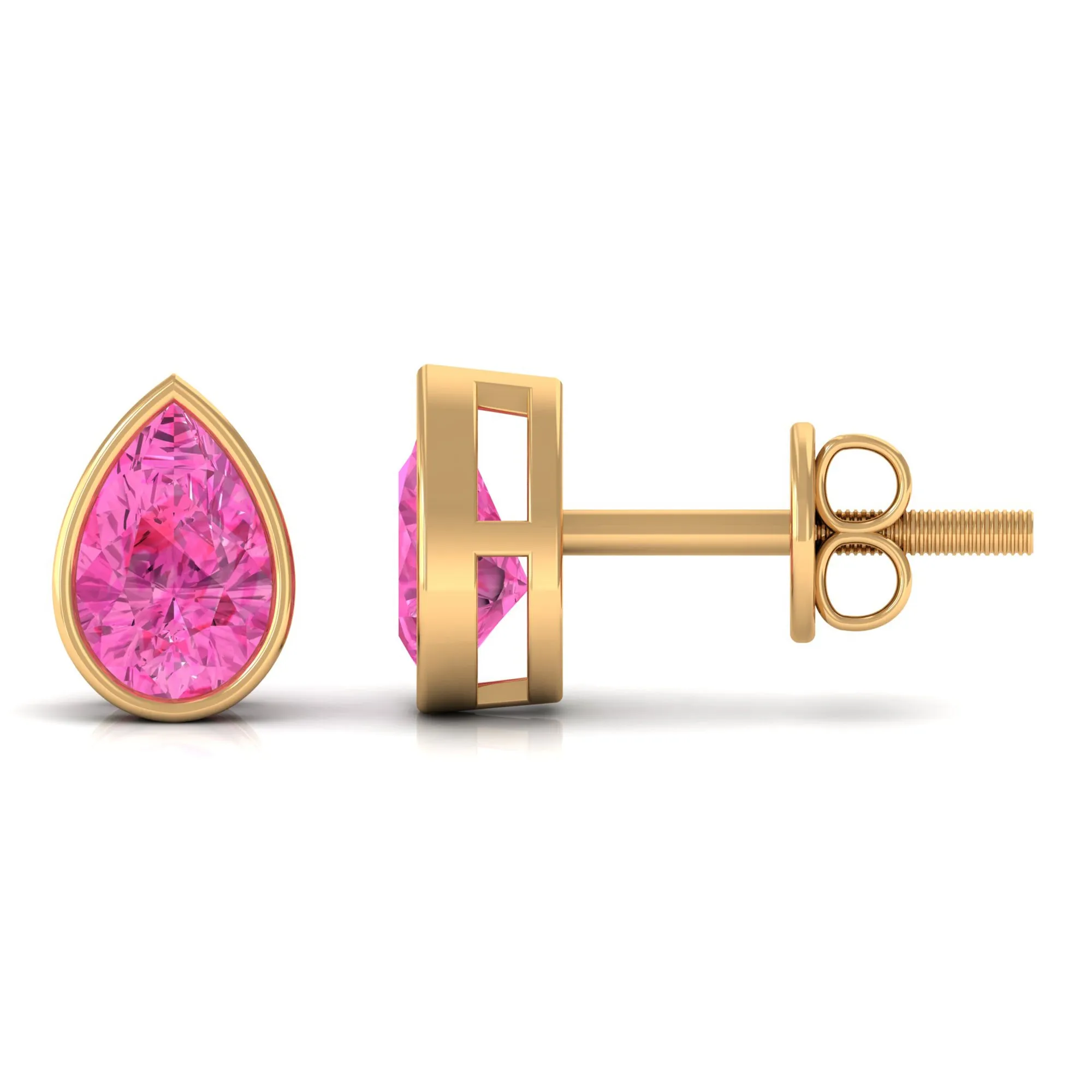 Bezel Set Pear Cut Pink Sapphire Solitaire Stud Earrings