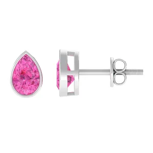 Bezel Set Pear Cut Pink Sapphire Solitaire Stud Earrings