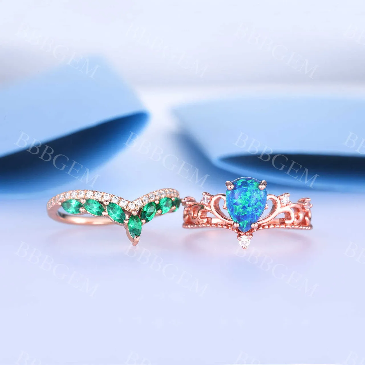 Black Opal Emerald Engagement Ring Set Rose Gold Vintage Antique Floral Wedding Ring